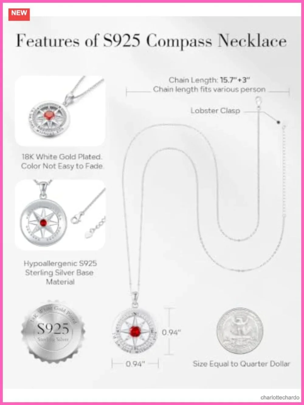 S925 Sterling Silver Compass Necklace Cubic Zirconia Pendant for Women